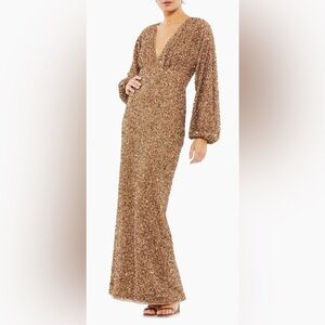 NWT MAC DUGGAL SZ 12 Bronze Evening Gown Long Sleeve V Neck Dress #10791